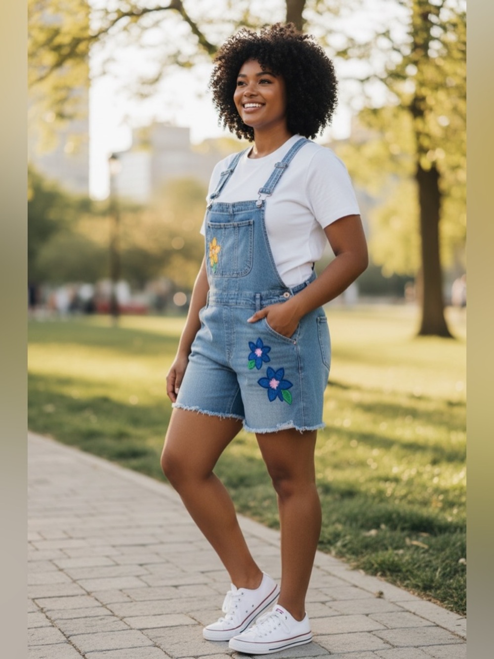No Boundaries Light Blue Denim Short Overalls with Floral Appliqués xxl